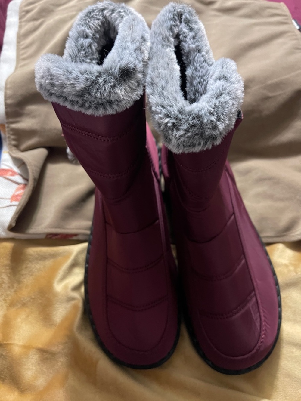 Women's Burgundy Winter Boots with Gray Faux Fur Collar